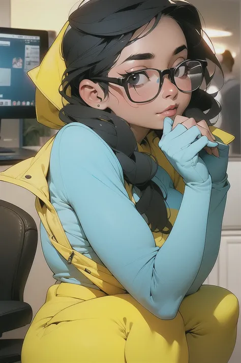 A girl sitting in front of the computer, with big glasses and a chubby body, With black hair