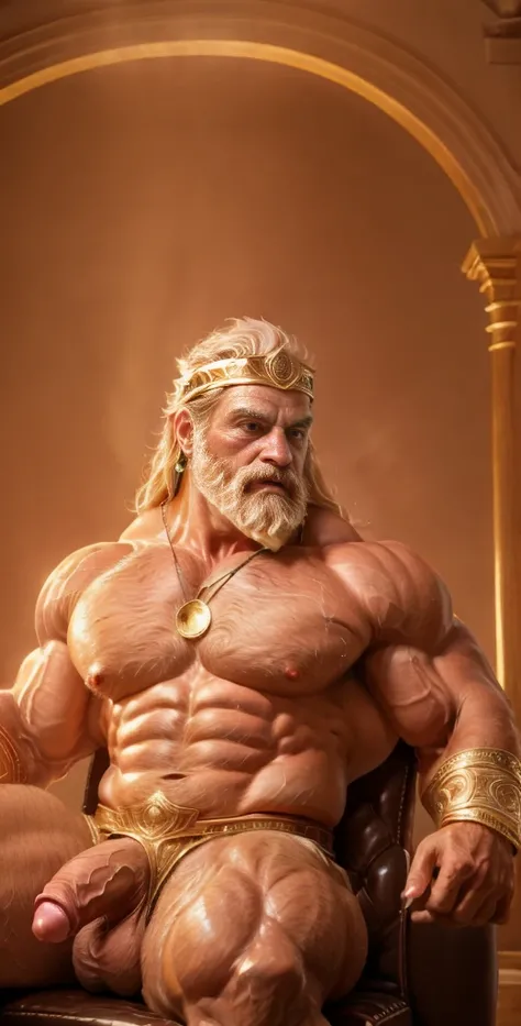 (masterpiece, intricately detailed, highest resolution, best quality:1.2),a cocky Zeus male model,a 40 y.o muscle stud with a muscular physique sitting on a chair, wet body, gold bracelets, eyes shining, necklace, armbands, jewelry, flaccid penis,saggy bal...