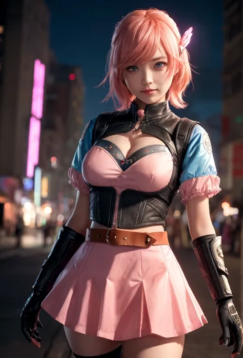 One girl,Cowboy Shot, Beautiful Nora_Valkyrie, View your viewers, smile, short hair, blue eyes,Heart Cutout, gloves,  Jacket, Pink Skirt, Pink Belt, Short sleeve, Puffy sleeves, Wrist Seal, fingerless gloves, Orange Hair, pink gloves, Dynamic pose, night, ...