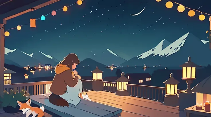 a girl sitting on a porch with a fox, with a view of the night sky