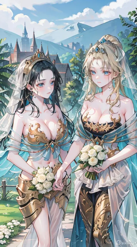 beautiful woman，Folk Girl，blonde with blue eyes，Twist，Wear a strapless wedding dress with no straps.，countryside，countryside，beautiful scenery，European Middle Ages，smile with teeth，forehead，forehead exposed，big tits，rift, (2 young women ,beautiful woman)