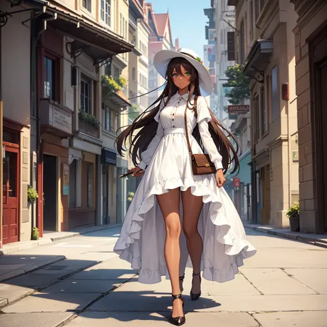 1woman, long hair, brown hair, green eyes, brown skin, looking at viewer, street, white dress, elegant hat, bag, fullbody, large , library background 