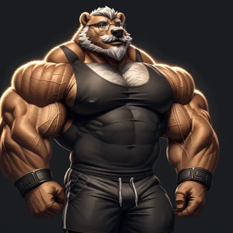 solo, 1boy, Huge Muscular Old Grizzly Bear wearing glasses , pectoral, huge pectoral, wide pectoral, short white hair, short pants, black wristbands and black tank top , bearded, Mustache, simple background, masterpiece, high detailed, 8k, high resolution,...