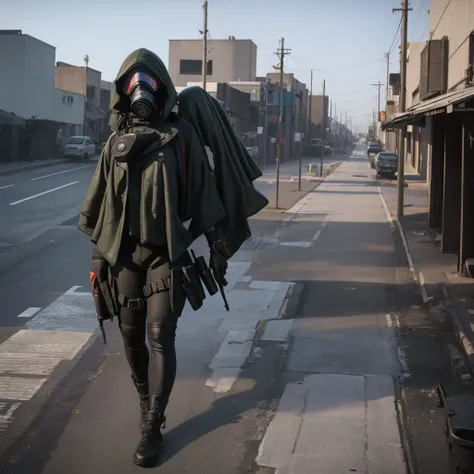 she is walking in middle of a street wearing a gas mask, abandon city with only one power nuclear plant in the distance but ther...