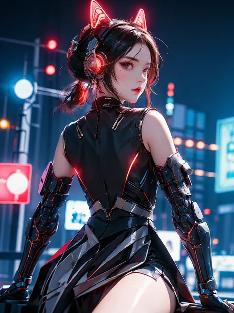 1 girl, Chinese_clothing, metallic black titanium and pink, Cyberhan, cheongsam, Cyberpunk city, Dynamic poses, Detailed glowing headphones, Glowing Hair Accessories, Long hair, Luminous Earrings, Glowing necklace, Cyberpunk, High-tech city, full of mechan...