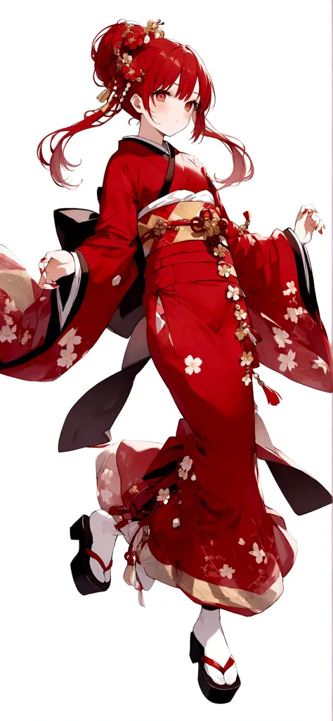 White background、Red kimono、Red Hair、Red eyes、Plum blossom accessories、25 year old sister、whole body