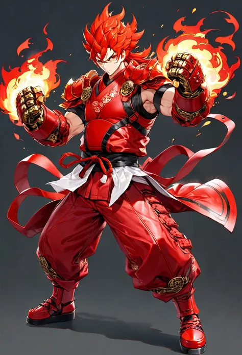 fiery red leather armor based off of a karate master with blazing brass knuckles