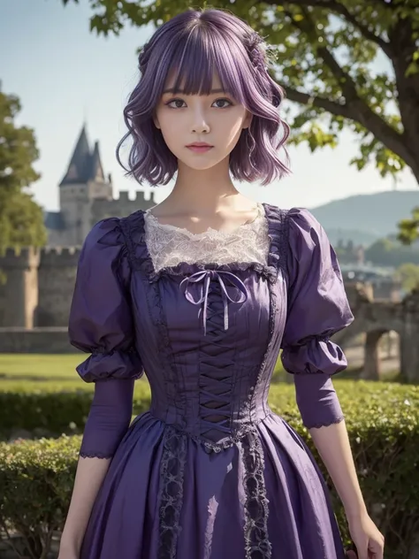 (Highest quality, Very detailed, masterpiece:1.2), 1 female, Very thin body, length, Thin legs, ((Purple-hair-color wavy short hair:1.2)), ((Thick and fluffy bangs)), Very detailedな顔,A faint smile, small, Thin Nose, small thin mouth, Extremely sharply focu...