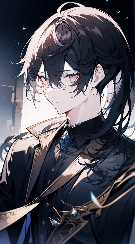 Second Dimension，Anime style，one person（Male Warrior），Correct proportions，Facial details，Black long hair，Neck details，ray tray，Delicate glow，CG Rendering，Hair details，Charming eyes，Handsome，Handsome，（Youthful feeling），The costumes are complicated，In a fore...