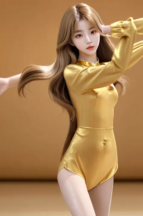 Korean girl - **Hair:** Light brown with golden reflections, straight and short.
   - **Eyes:** almond shape, honey color.
   - **visual style:** Dynamic and with an energetic presence that stands out in the dance.
