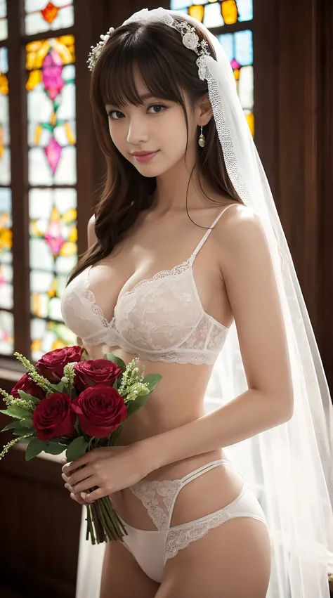 Browsing Caution，masterpiece，Highest quality，8K，20-year-old，窓辺に立つ美しいBig Breastsの女性，Slim body，Sexy white lace lingerie，Long straight hair with bangs，Veil，close your eyes，Charming smile，Big Breasts，Underboob，holding one flower bouquet with both hands，Beautif...