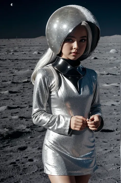 The moon doll on another planet with a silver dress