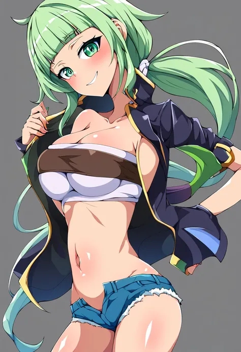 ((masterpiece,Highest quality:1.3)),cowboy shot,1woman、30-year-old beautiful detective、独奏,((very small head:1.5)),green hair,(low ponytail),long hair,blunt bangs,green eyes,gorgeous eyes,shy,smile,medium breasts,((very long body:1.3)),(toned body,slender b...