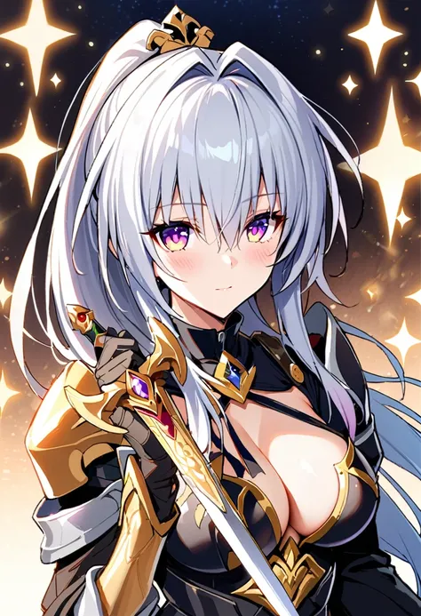 1girl, girl, honkai: star rail、female knight、silver hair、heavy armor、cleavage、beautiful gold pattern、ponytail、with a sword in on...