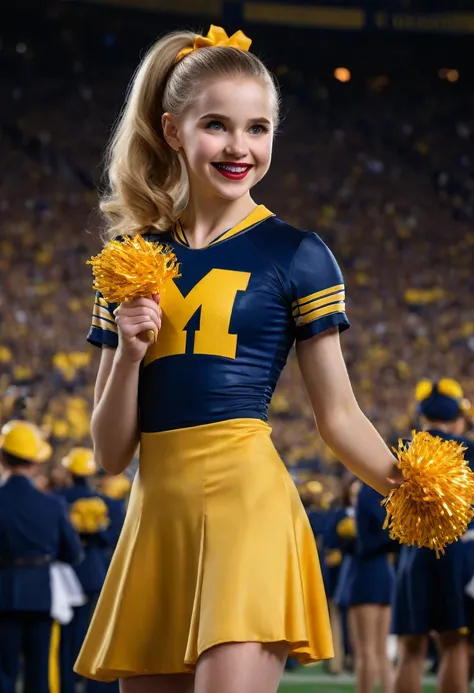 1girl, McKenna Grace, full length portrait, University of Michigan cheerleader uniform by Under Armor, sheer shiny shimmering silky tan pantyhose by Leggs, 5 inch maize high heeled pumps by Louis Vuitton, holding pompoms, cheering at Michigan Stadium, beau...