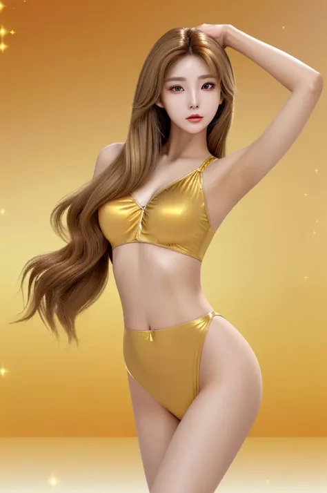 Beutiful woman corean 
   - **Hair:** Light brown with golden reflections, straight and short.
   - **Eyes:** almond shape, honey color.
   - **visual style:** Dynamic and with an energetic presence that stands out in the dance.
