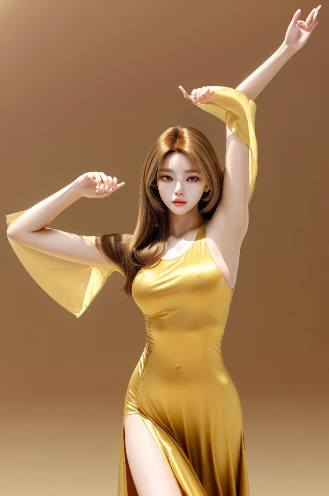 Beutiful woman corean 
   - **Hair:** Light brown with golden reflections, straight and short.
   - **Eyes:** almond shape, honey color.
   - **visual style:** Dynamic and with an energetic presence that stands out in the dance.
