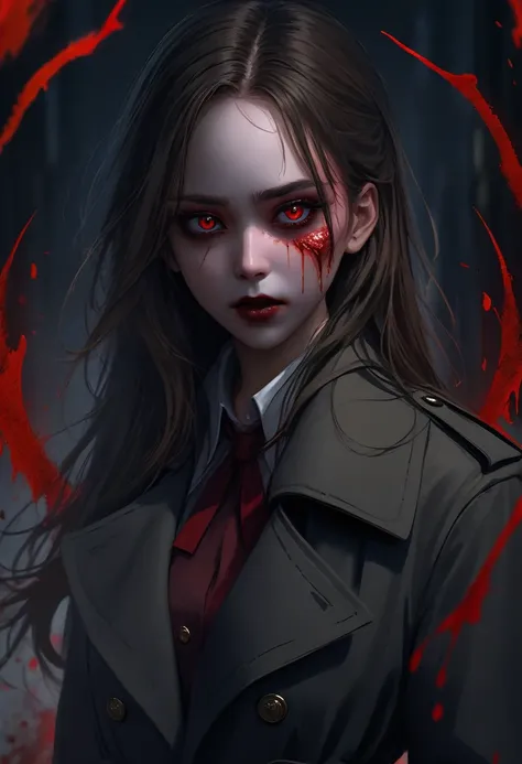 (Extremely detailed CG unity 8k wallpaper),(masterpiece), (best quality), (Extremely detailed), (Best Illustration Award),(The best shadow), 一个美丽的吸Blood鬼 ,(Sharp eyeliner, Eyeshadow, Exquisite eyes:1.1),(Black trench coat), Long hair, Red Eyes, (Fangs), Bl...