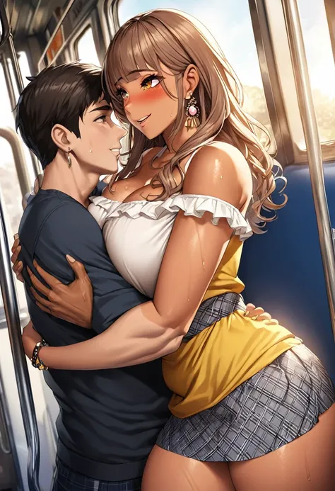 nsfw,hyperrealistic smooth anime,adult curvy gyaru,tanned gyaru,young casual boy holding woman in arms from behind,standing,boy grabbing her breasts,dark brown hair,earring,off-the -shoulder plain blouse,patterned short skirt,man groping woman,(blushed) an...