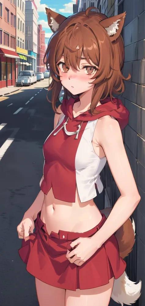 anime coloring,anime screencap,
1girl, solo, nsfw,  skirt, tail, animal ears, healthy skin, navel, brown hair, blush, sleeveless, dog ears, short hair, standing straight, (((ultra-detailed eyes, 20 years old, street, brown_eyes))).( Cowboy_shot).