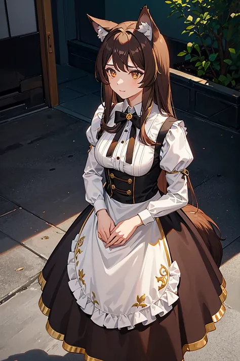 1woman, brown hair, gold eyes, wolf ears, wolf tail, maid dress, standing on ground, high res, ultra sharp, 8K, masterpiece