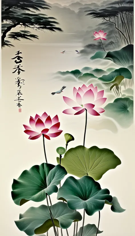 there is a poster with a picture of a lotus flower and a bird, by Miao Fu, by Jin Nong, heise jinyao, 