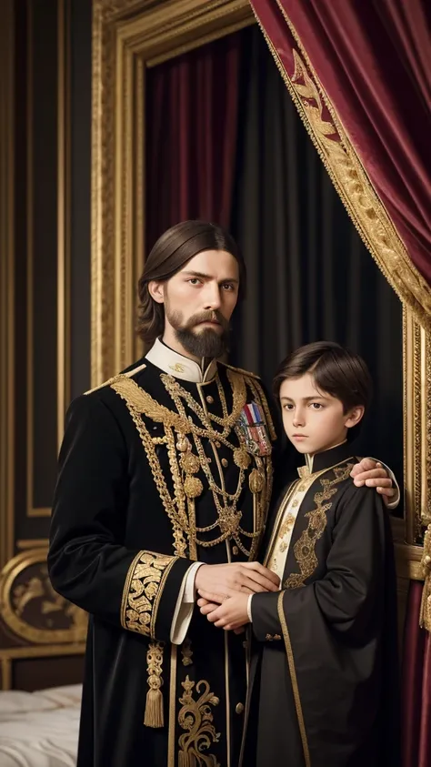 Rasputin with Tsarevich Alexei, a frail young boy, early 20th century, dressed in royal garments, Rasputin placing a comforting hand on Alexeis shoulder in a lavishly decorated bedroom, with gold-framed paintings and plush curtains in the background, close...