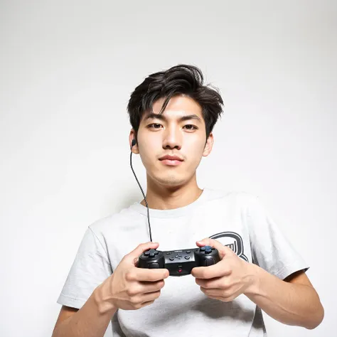 male　youth　university student　japanese　a refreshing look　holding a game controller in hand　looking at the camera　high tension　wi...