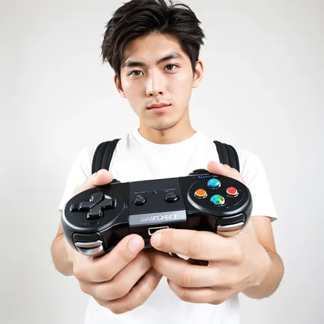 male　youth　university student　japanese　a refreshing look　holding a game controller in hand　looking at the camera　high tension　wi...