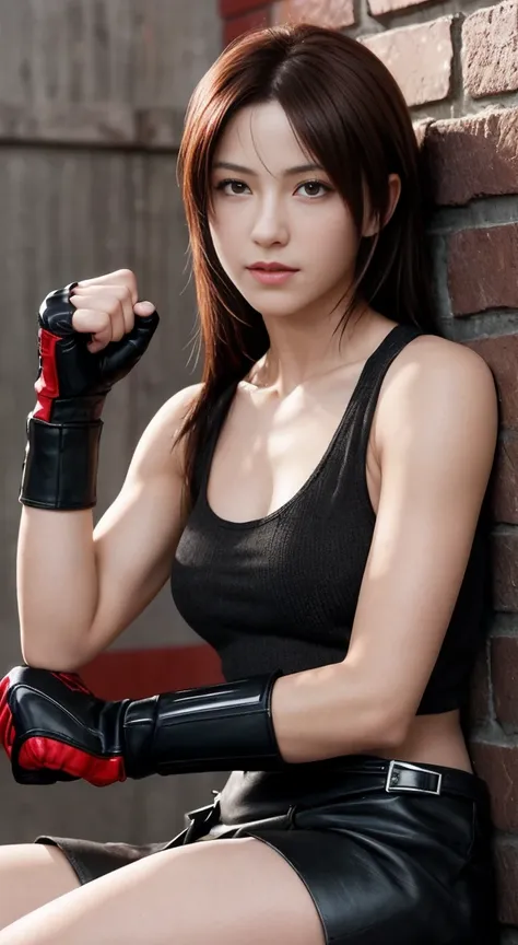 tifa lockhart sitting in front of a large block wall, delicate face, detailed face, gentle smile on the face, perfect body, ultr...