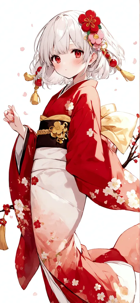 White background、Red kimono、White Hair、Red eyes、Plum blossom accessories、25 year old sister、whole body