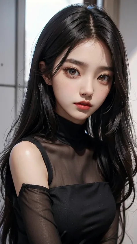 Beutiful woman corean
   - **Hair:** jet black, Straight and long.
   - **Eyes:** Large and expressive, dark brown color.
   - **visual style:** She has a beauty that combines the elegance of Tzuyu from TWICE and the sweetness of Jisoo from BLACKPINK, bein...