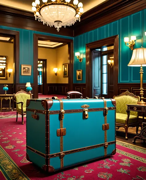 detailed 1900s styled hotel interior, rich traveler with 1900s styled clothes, carrying antique 1900s style trunks, cyan colors, (best quality,4k,8k,highres,masterpiece:1.2),ultra-detailed,(realistic,photorealistic,photo-realistic:1.37),HDR,UHD,studio ligh...