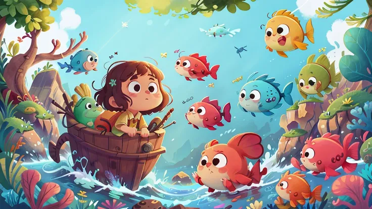 Nautical Mile，This illustration is a 4K high-definition illustration，The facial features are rich in detail，Cartoon Style，Cartoon Animals 5.1，cute，Fish School，Big fish，ocean，Waterweed，a fish，Sea，ocean元素