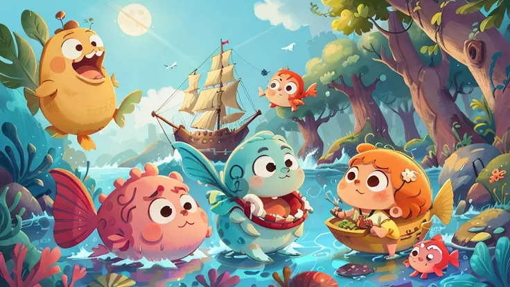 Nautical Mile，This illustration is a 4K high-definition illustration，The facial features are rich in detail，Cartoon Style，Cartoon Animals 5.1，cute，Fish School，Big fish，ocean，Waterweed，a fish，Sea，ocean元素