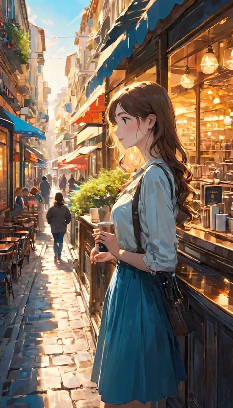 finely detailed illustration, best quality, masterpiece, vibrant color,High resolution、８ｋ、Beautiful girl、One Girl, Highest quality, masterpiece, so beautiful, Perfect composition, Intricate details, Cafe photo, sunny, architecture, Busy Street, super high ...