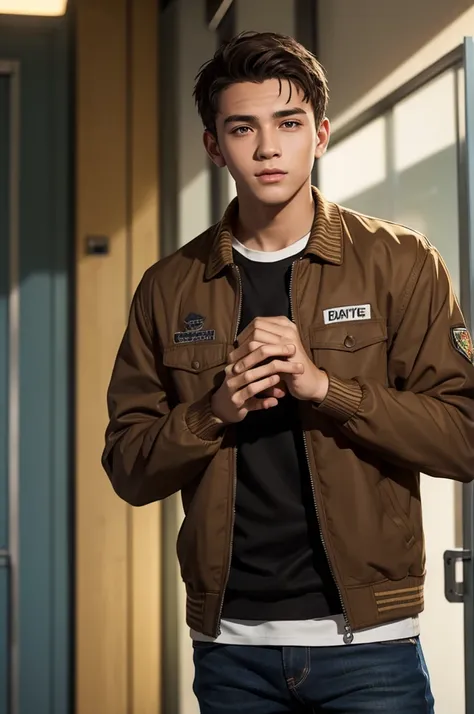 Create an image of a male teenager, looking between 16 and 18 years old, brownhair, Caucasian skin, brown dark eyes, wearing school jacket written "Crawford". The image must have the style of a digital illustration inspired by the environments of GTA V. Yo...