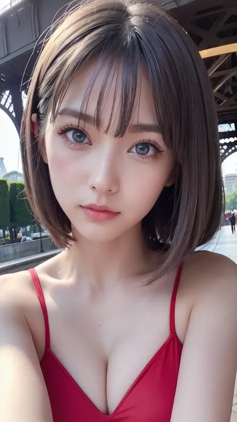 woman, beautiful, realistic, 24 years old, gray hair, posing in front of Eiffel Tower, red swimsuit. beautiful eyes, deep and blue eyes, big eyelashes