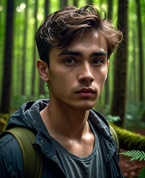 a young man in a forest, lost and searching for direction, moody lighting, gloomy atmosphere, dark colors, dramatic cinematic lighting, detailed facial features, expressive pose, environmental details, 1 person, best quality, 8k, highres, masterpiece, ultr...