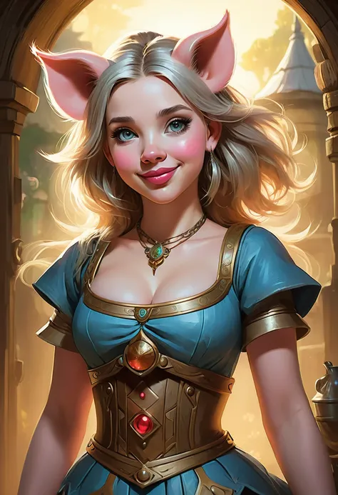 Create an illustrated, hand-drawn, full-color image of an anthropomorphic pig girl. The artwork should be rendered in the style of "Breath of the Wild," featuring warm lighting and shadows. Include graphite shading, stencil marks, and airbrushed acrylic pa...