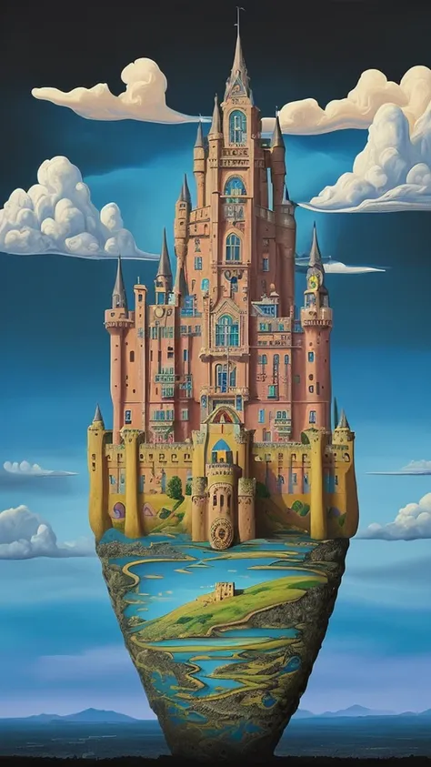 Castle floating in the sky seen from far away, panoramic and deep perspective, colorful and beautiful sky with high contrast, surrealistic painting in Salvador Dali style.