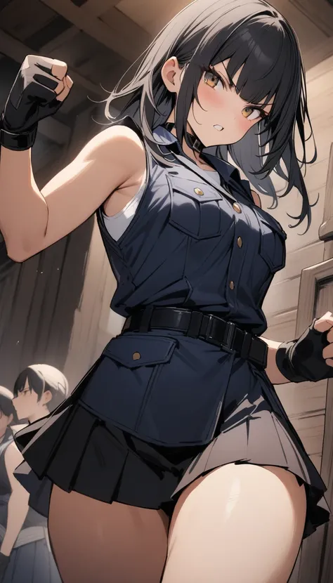 ((Highest quality)), ((masterpiece)), (detailed),cowboy shot , Female police officer.One girl, Black sleeveless blouse with white undershirt,Black choker,Black long hair　Blunt bangs　black pleated mini skirt　black fingerless gloves　V-shaped eyebrows　Combat ...