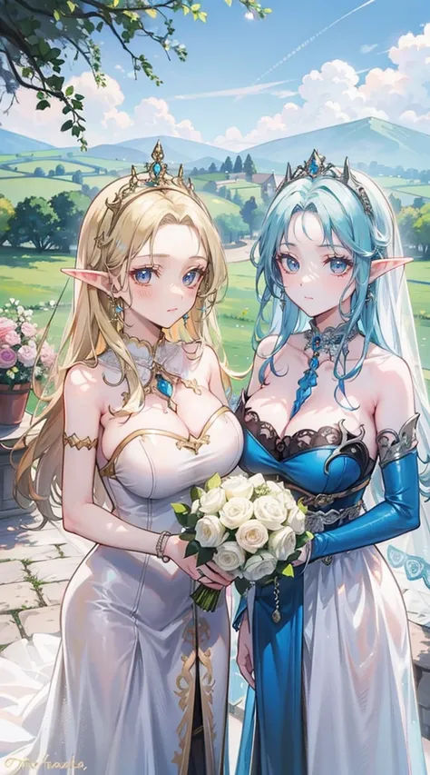 beautiful woman，Folk Girl，blonde with blue eyes，Twist，Wear a strapless wedding dress with no straps.，countryside，countryside，beautiful scenery，European Middle Ages，smile with teeth，forehead，forehead exposed，big tits，rift, (Elf Princess),(2 young women ,bea...