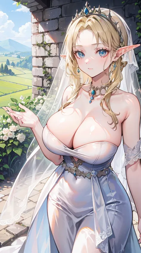 beautiful woman，Folk Girl，blonde with blue eyes，Twist，Wear a strapless wedding dress with no straps.，countryside，countryside，beautiful scenery，European Middle Ages，smile with teeth，forehead，forehead exposed，big tits，rift, (Elf Princess),(2 young women ,bea...