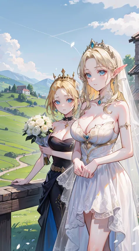 beautiful woman，Folk Girl，blonde with blue eyes，Twist，Wear a strapless wedding dress with no straps.，countryside，countryside，beautiful scenery，European Middle Ages，smile with teeth，forehead，forehead exposed，big tits，rift, (Elf Princess),(2 young women ,bea...