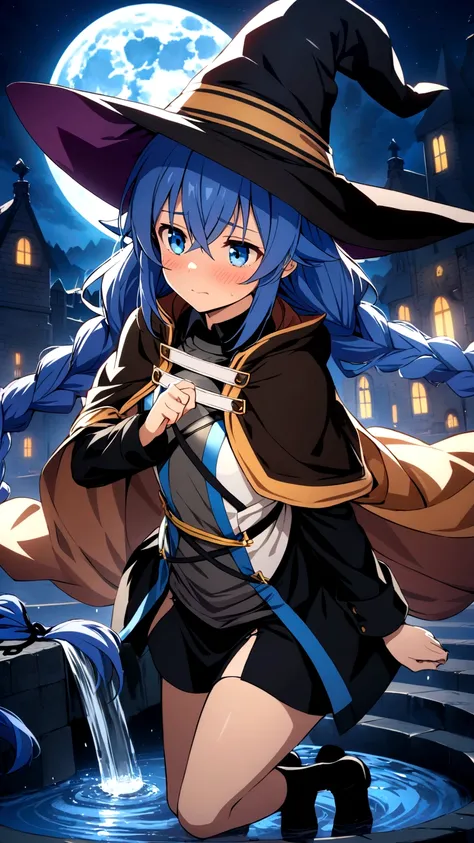 Roxy Migurdia, Highest quality, Amazing CG, Ultra HD, Carefully crafted down to the last detail, One Girl, bangs, Black Hat, Witch Hat, blue eyes, Blue Hair, Braiding, Brown cape, Floating Hair, Hair between the eyes, Beautifully detailed eyes, He is red i...