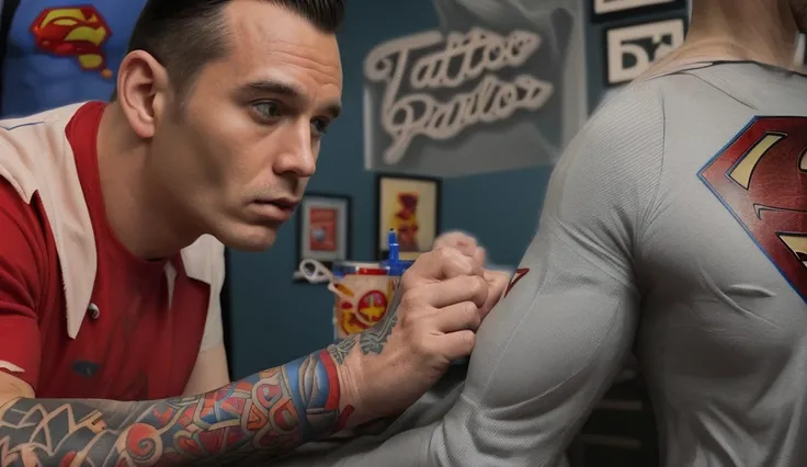 confused man giving superman a tattoo in tattoo parlor
