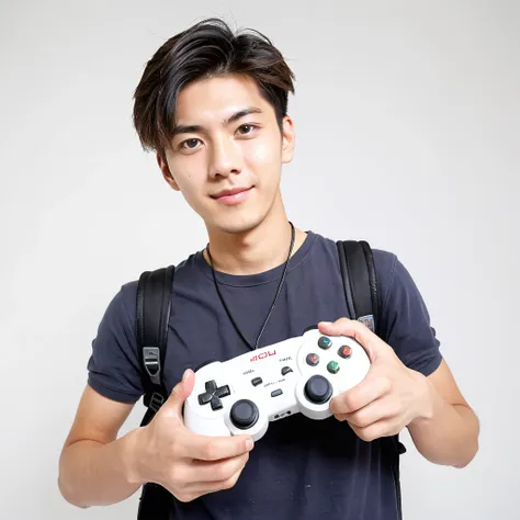 male　youth　university student　japanese　a refreshing look　holding a game controller in hand　exciting　looking at the camera　high t...