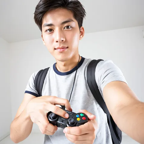 male　youth　university student　japanese　a refreshing look　holding a game controller in hand　exciting　looking at the camera　high t...