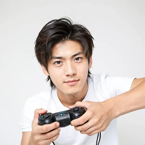 male　youth　university student　japanese　a refreshing look　holding a game controller in hand　exciting　looking at the camera　high t...